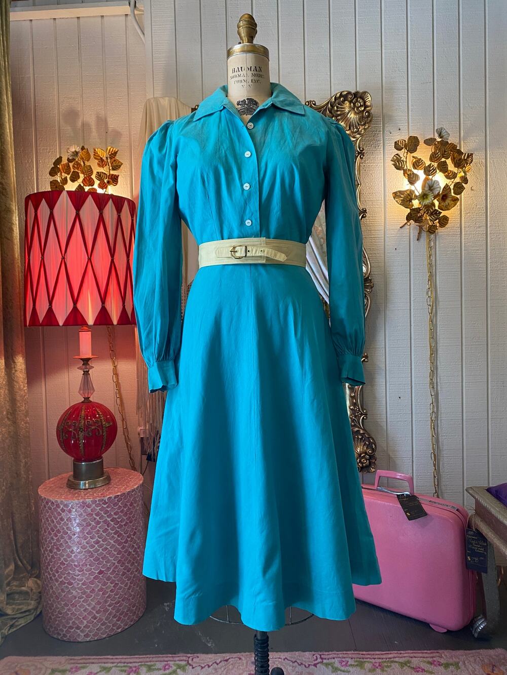 vintage 1940s aqua cotton dress, puff shoulders, 40s fashion, classic shirtwaist
